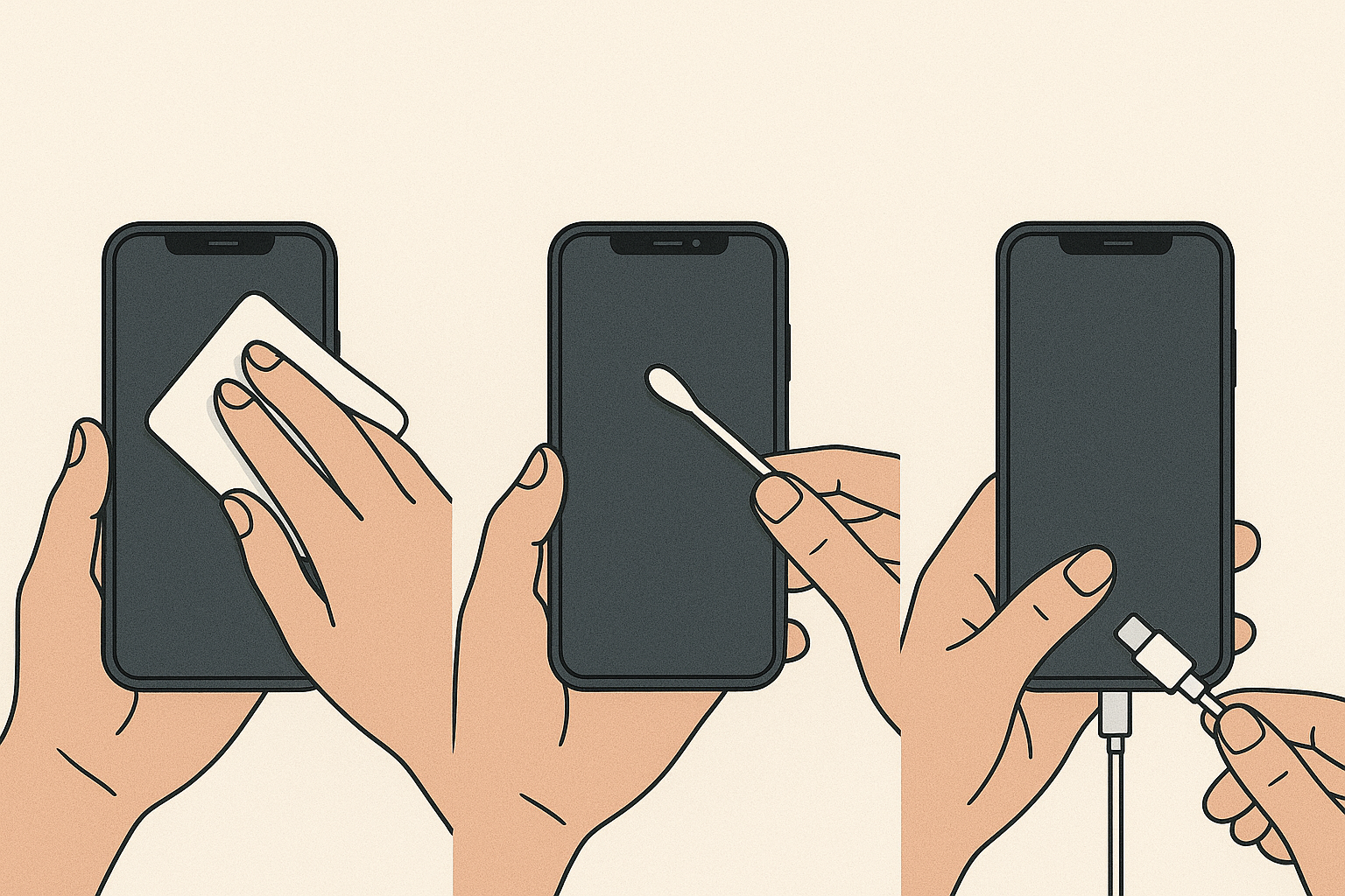 Üç panelden oluşan sade bir illüstrasyon: İlk panelde biri telefon ekranını bezle siliyor, ikinci panelde hoparlör kısmı pamuklu çubukla temizleniyor, üçüncü panelde ise biri şarj girişine takılı kabloyu nazikçe tutuyor.