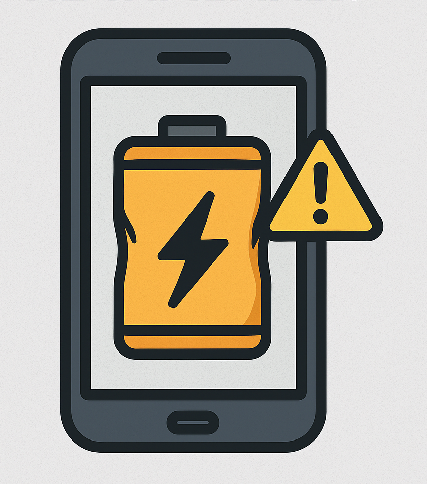 Şişmiş bataryalı akıllı telefon, profesyonel teknik servis masasında güvenli şekilde konmuş, yanında tornavida ve eldiven, tehlike vurgulu