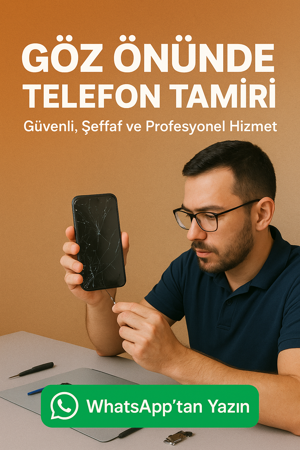 Teknisyen, müşterinin gözleri önünde kırık telefon ekranını tamir ediyor. Göz önünde telefon tamiri hizmeti, şeffaf ve güvenli onarım süreci sunuyor.