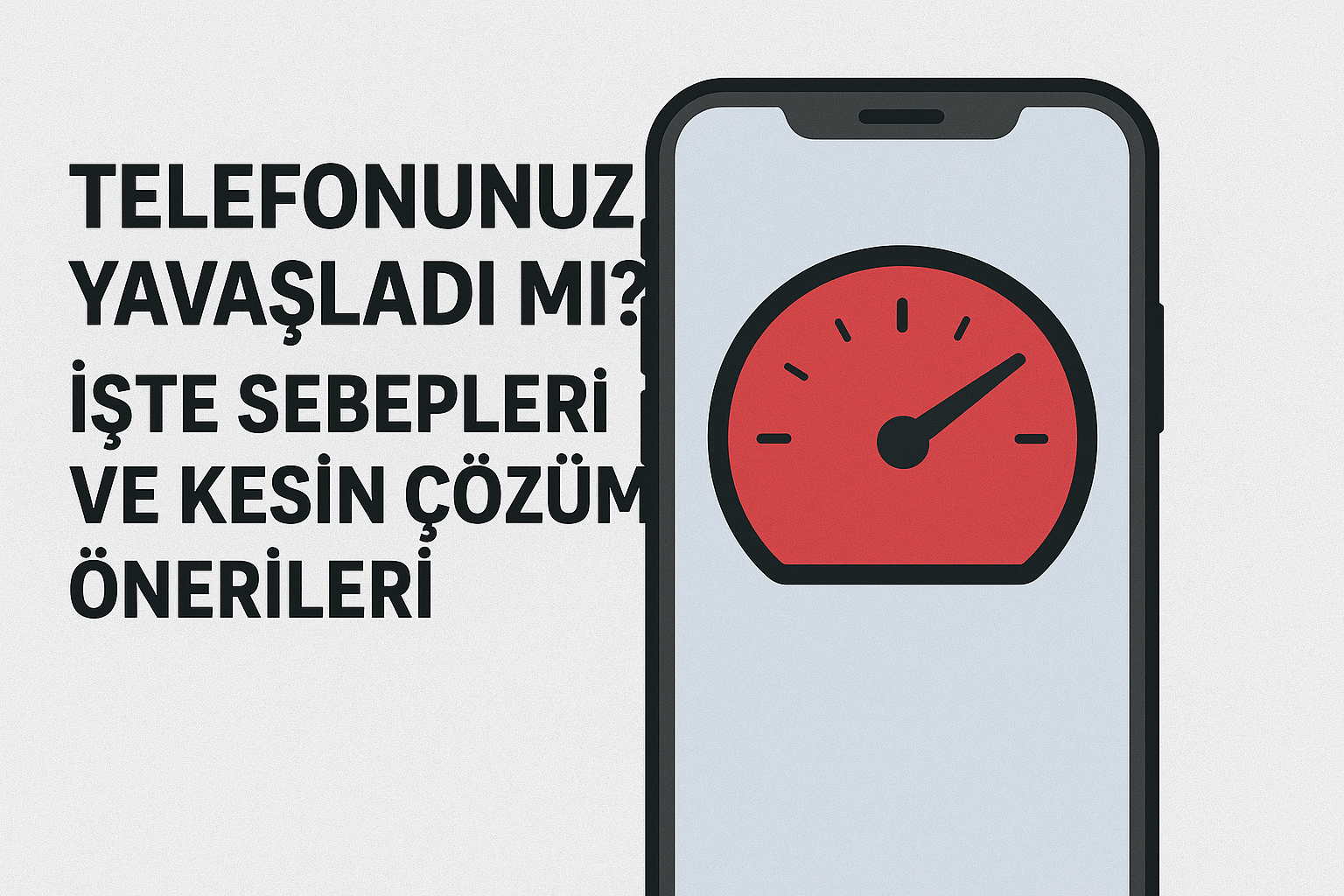 Akıllı telefon ekranında kırmızı hız göstergesi simgesi ve yanında büyük puntolu ‘Telefonunuz Yavaşladı mı? İşte Sebepleri ve Kesin Çözüm Önerileri.
